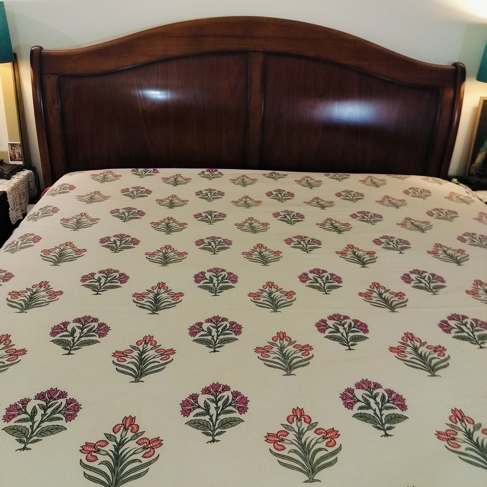 India Hand Blocked Bedspread with Pink and Green Floral Motif